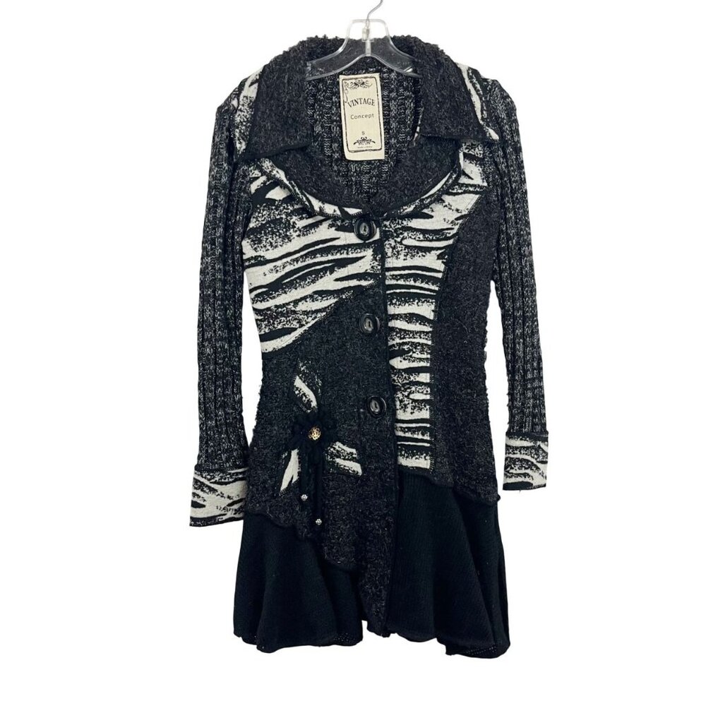 Vintage Concept Black & White Artsy Longline Cardigan Sweater Mohair Size Small - Picture 1 of 8